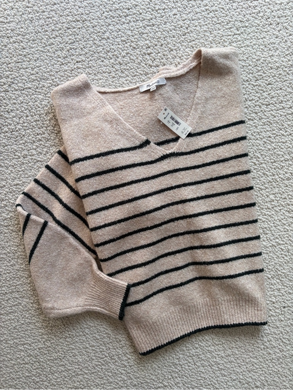Madewell Beige and Green Striped V-Neck Sweater
